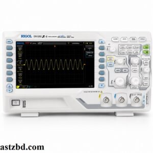 Rigol DS1102Z-E oscilloscope front panel showing 7-inch WVGA TFT color display with dual waveform traces, channel controls, and trigger section
