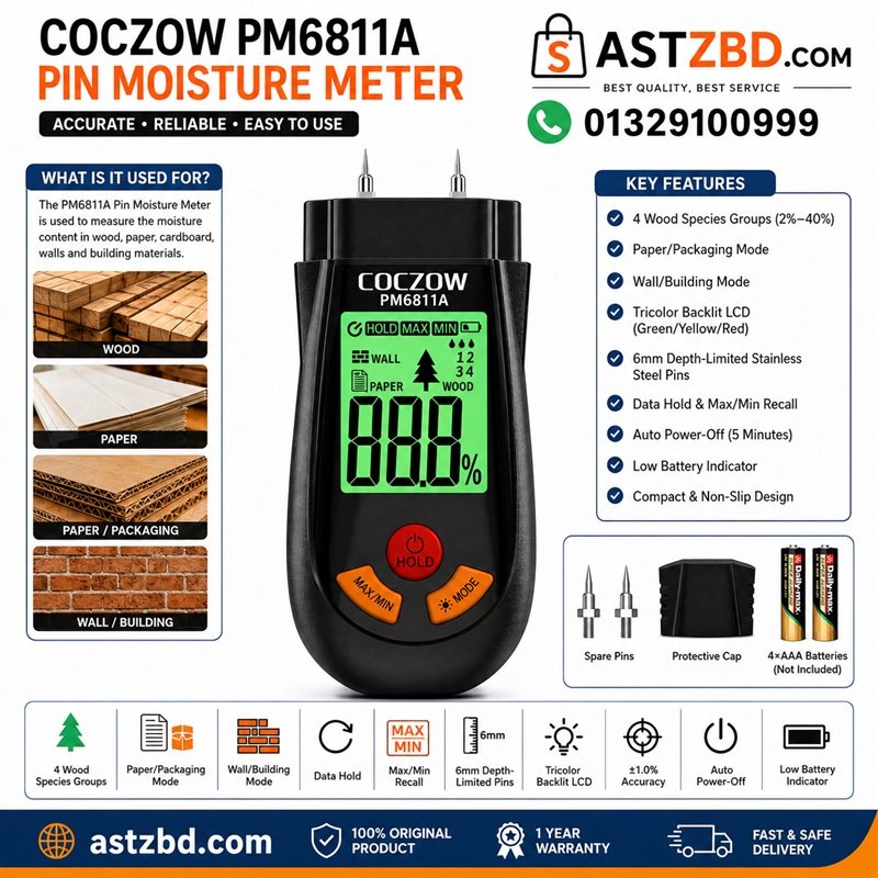 PM6811A Moisture Meter with protective cap, spare pins, and packaging box
