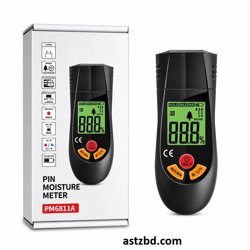 PM6811A Moisture Meter pins inserted into wood plank for moisture test