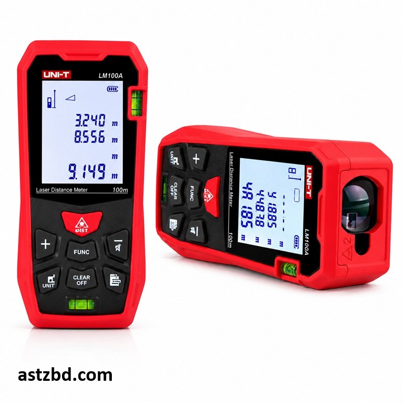 UNI-T Laser Distance Meter LM100A emitting laser beam during a distance measurement