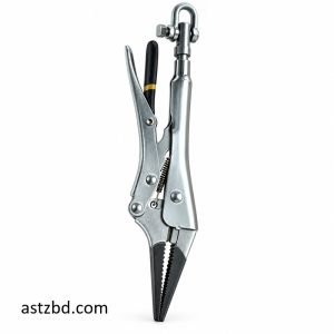 Upper long nose vise grip locking pliers front view with tapered jaws